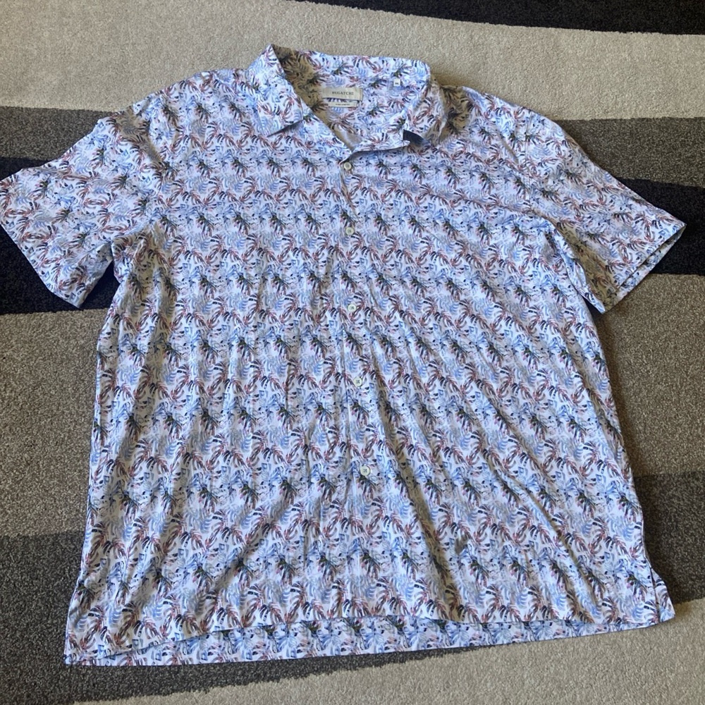 Bugatchi Short Sleeve Polo - White with Blue & Brown Leaf Print